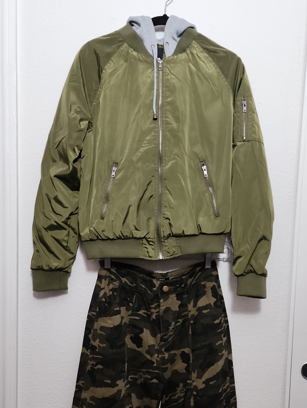 Fashion Nova Olive Green Bomber Jacket with Grey Hood